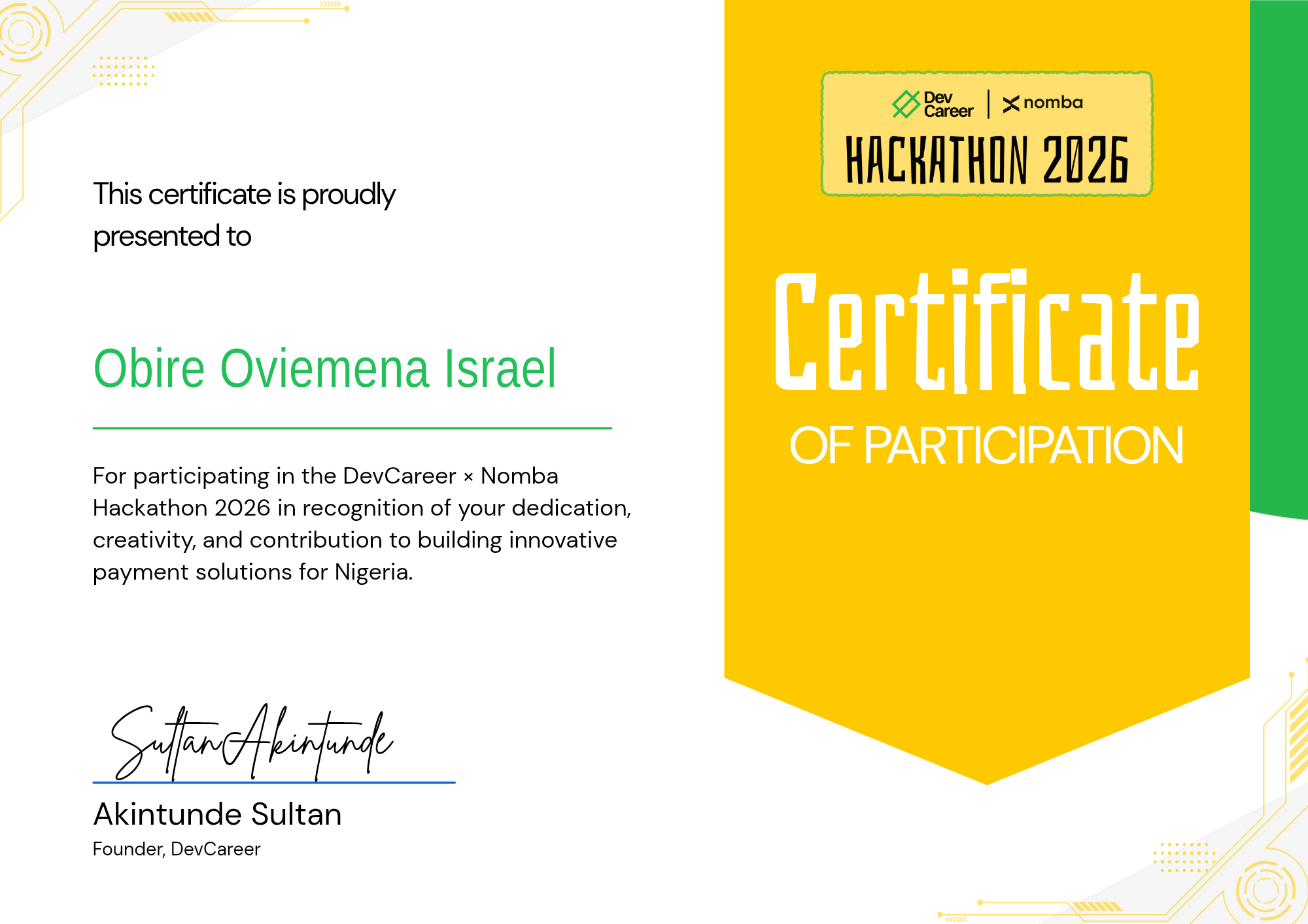Certificate of Participation — DevCareer x Nomba Hackathon 2026 — Obire Oviemena Israel