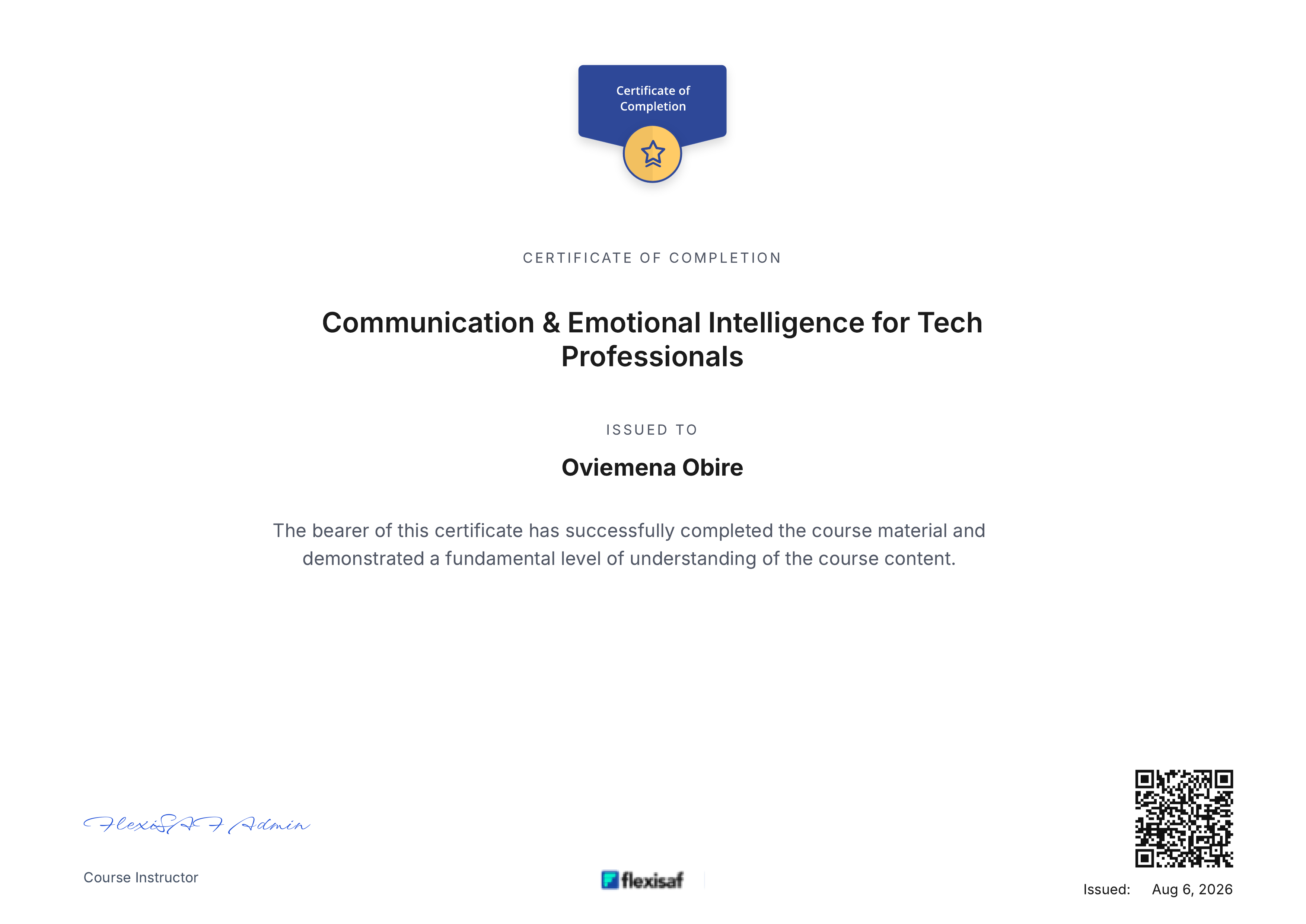 Certificate of Completion Communication and Emotional Intelligence for Tech Professionals — Obire Oviemena Israel