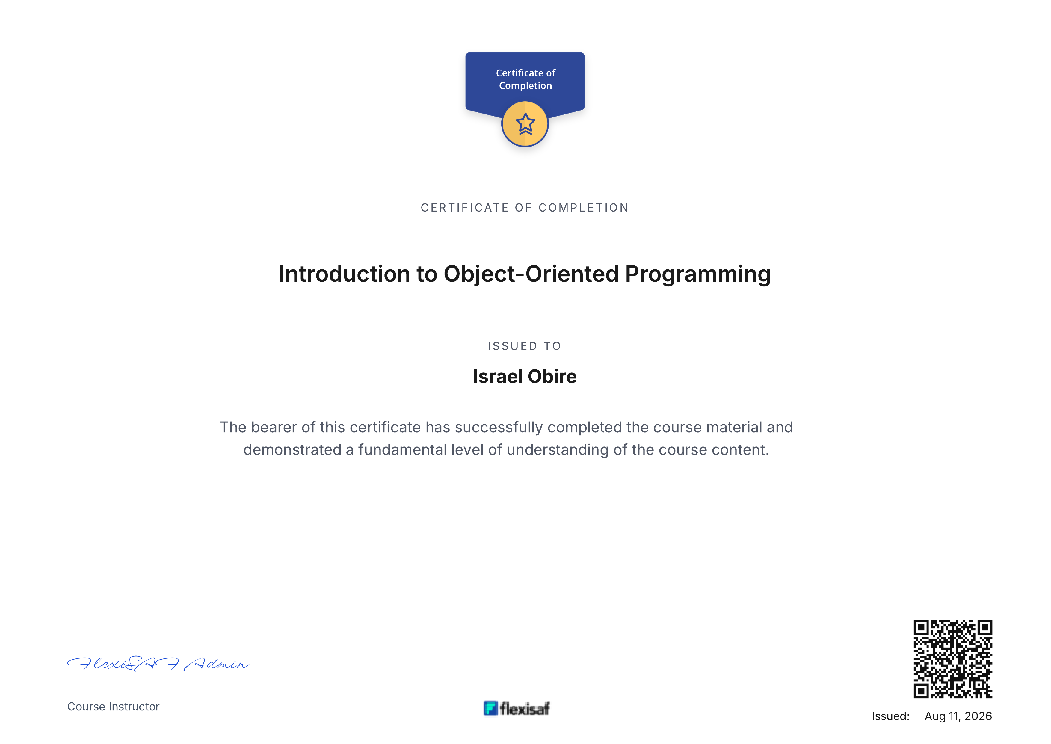Certificate of Completion OOP — Obire Oviemena Israel
