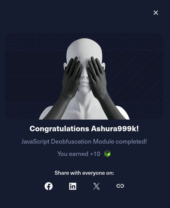 HTB Academy completion certificate for Javascript Obfuscation, Ashura999k, 11 sections completed