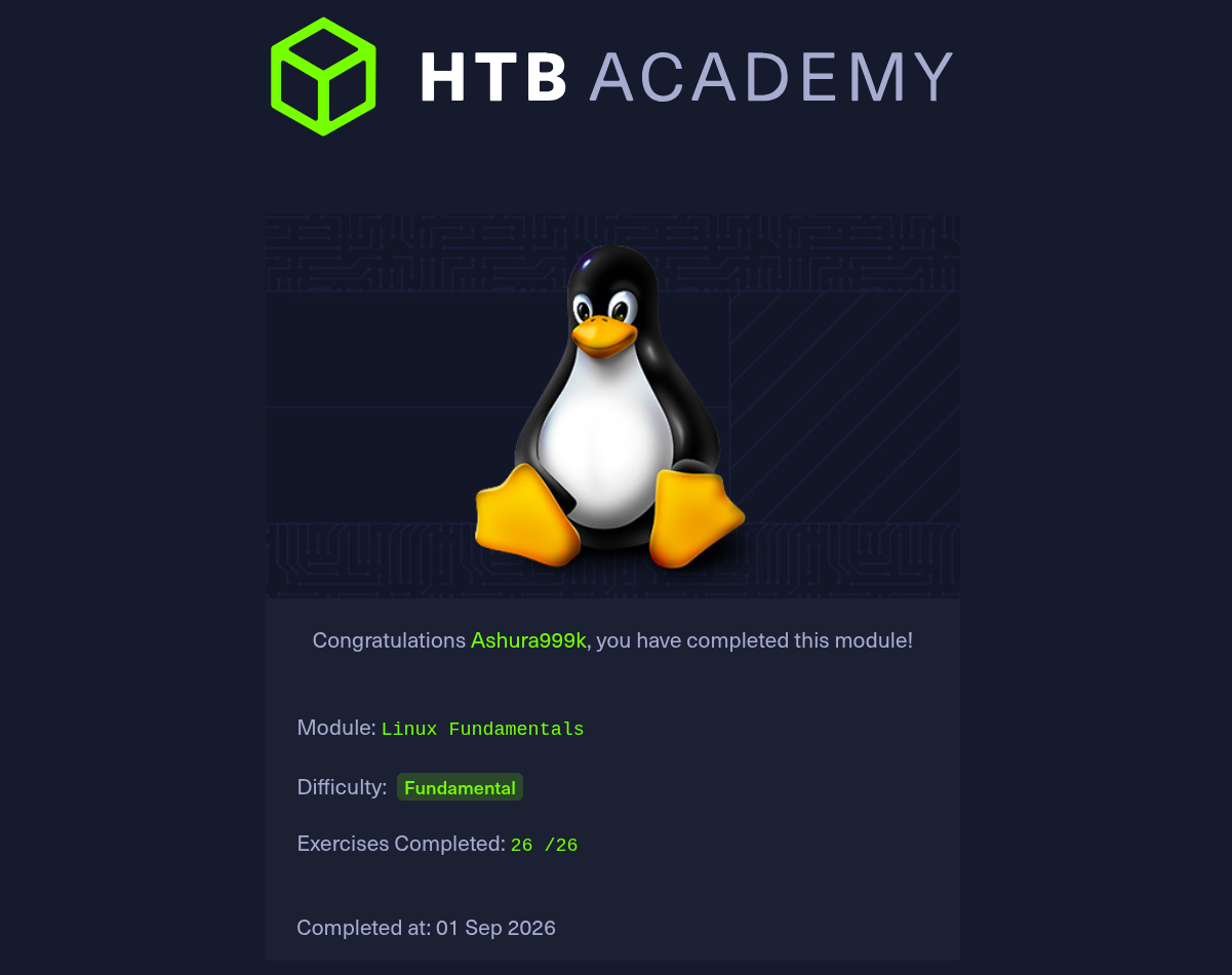 HTB Academy completion certificate for Linux Fundamentals module, Ashura999k, 26/26 exercises completed